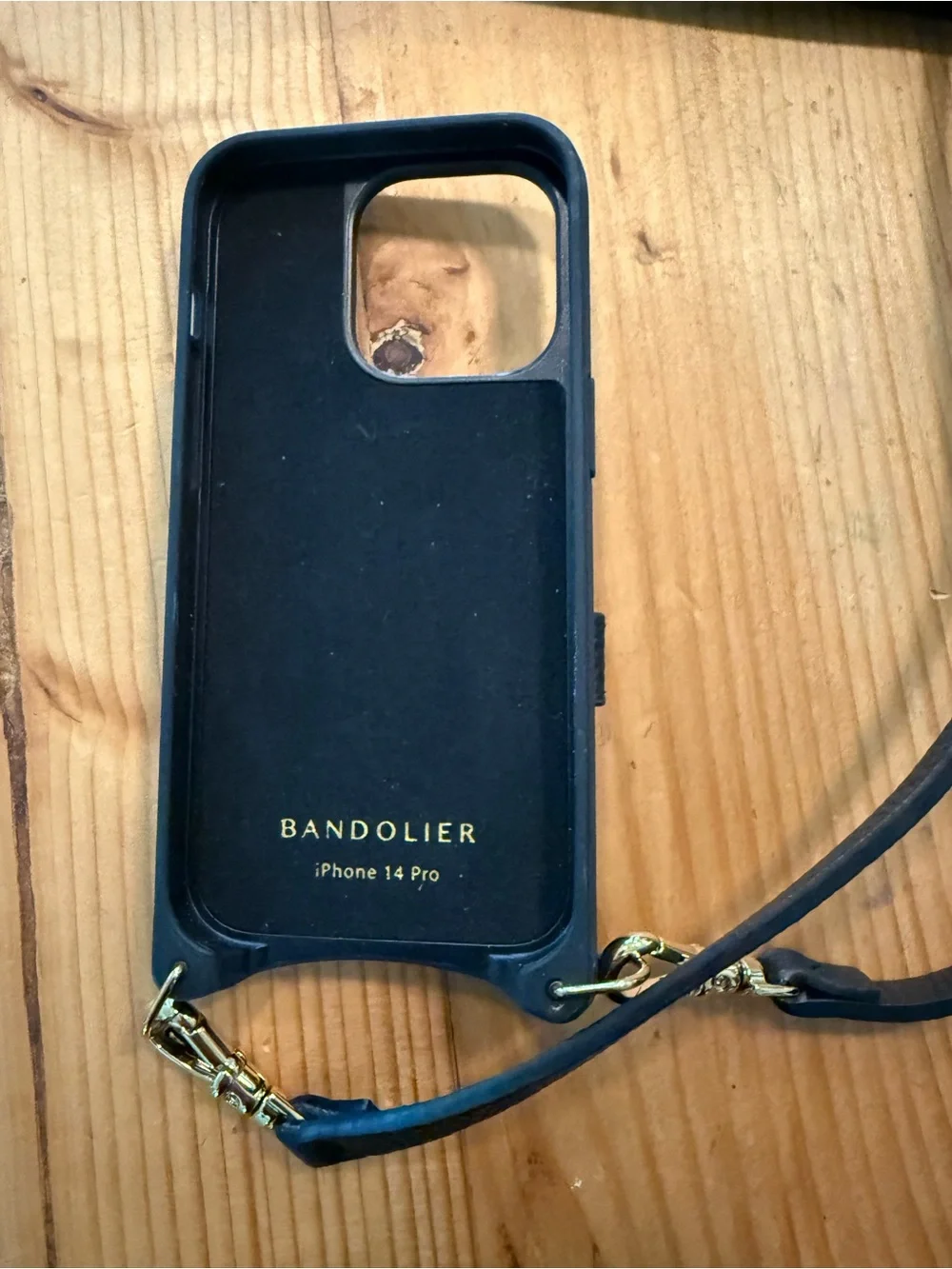 Bandolier Black Leather Crossbody Wallet Case with Gold Hardware and strap